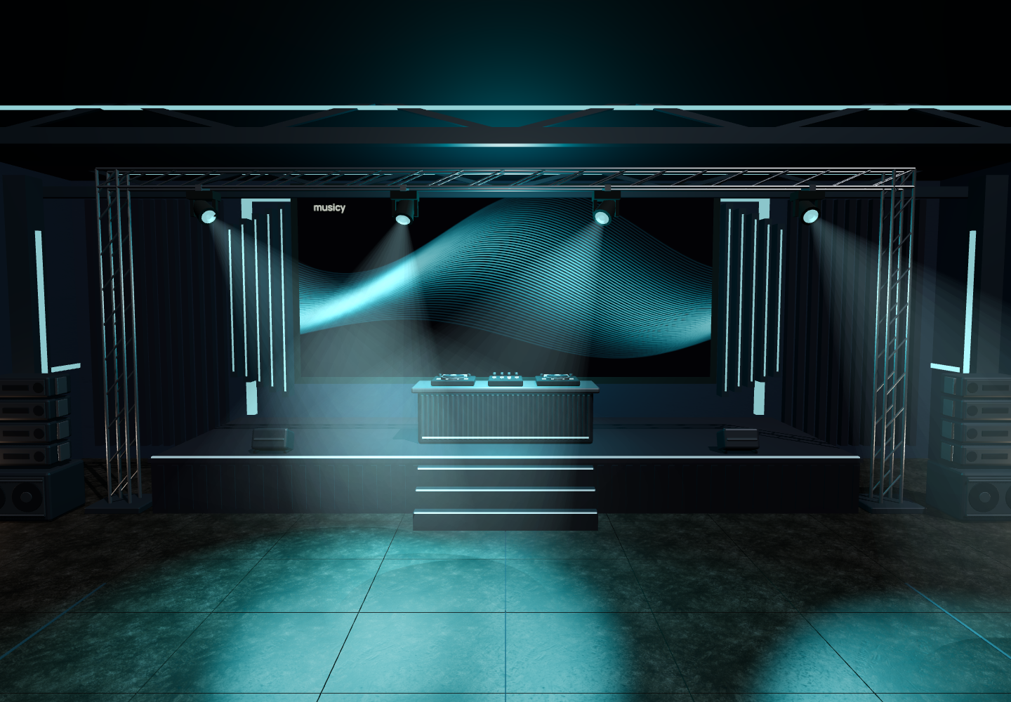 The Hangar venue in musicy Concert, with a DJ booth, LED wall and overhead lighting.